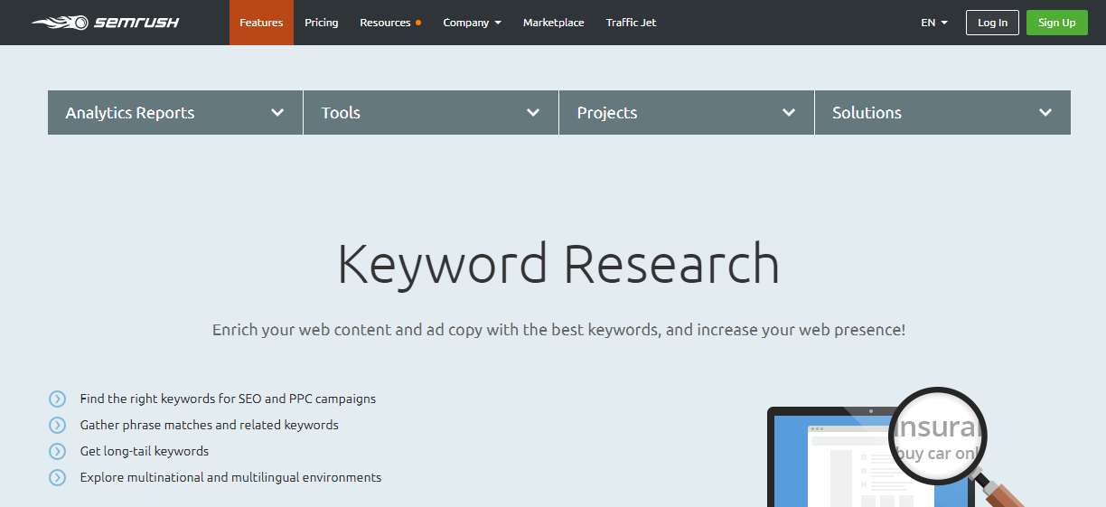 semrush keyword research tool